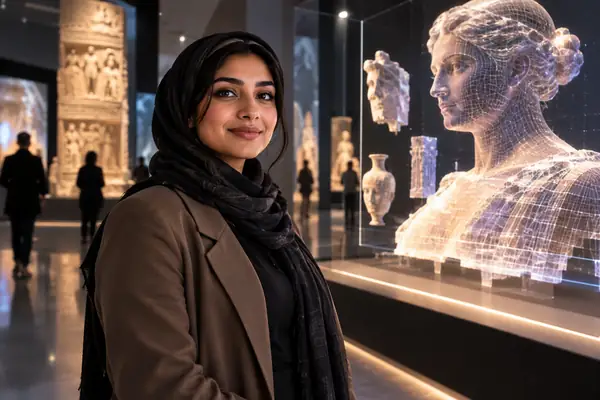 Portrait of Amina Rahman, a museum researcher standing near a digital exhibit.