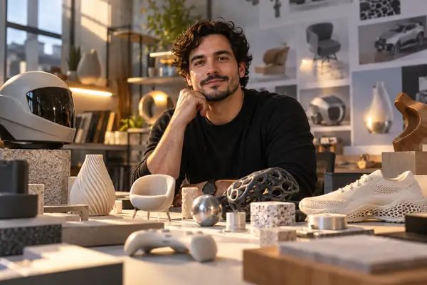 Portrait of Diego Ruiz, an e-commerce creative lead surrounded by product samples.