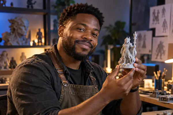 Portrait of James Osei, a prop designer holding a small custom 3D printed model.