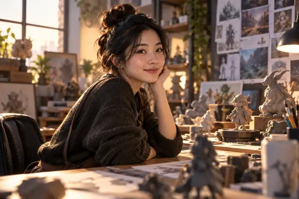 Portrait of Nora Chen, an indie game artist in a softly lit creative studio.