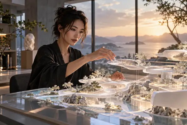 Portrait of Sofia Nakamura, a VR architect working at a workstation with a spatial model.