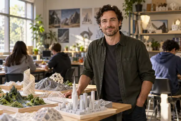 Portrait of Tomas Blake, a classroom teacher beside a table of student models.